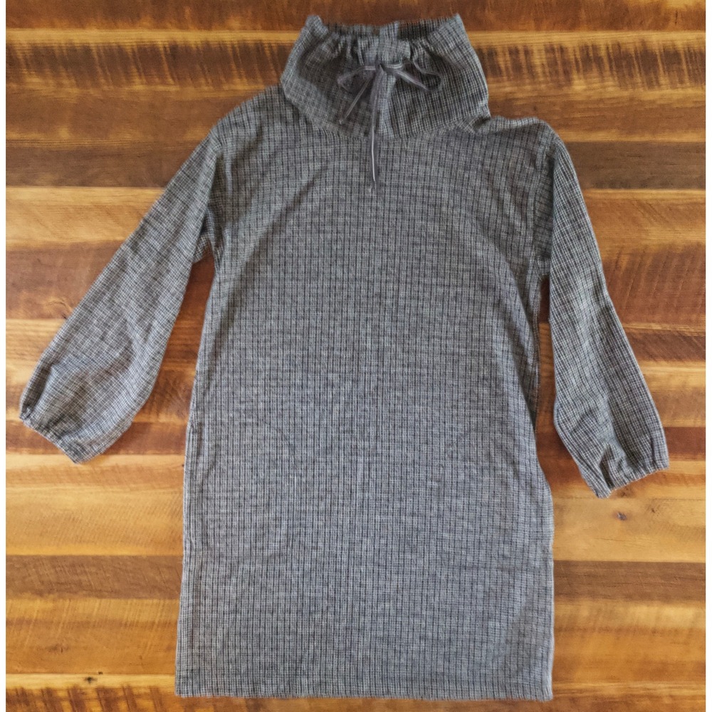 Houndstooth Funnel Neck Shift Dress Tunic w/ Pockets Women's Large Dark Academia